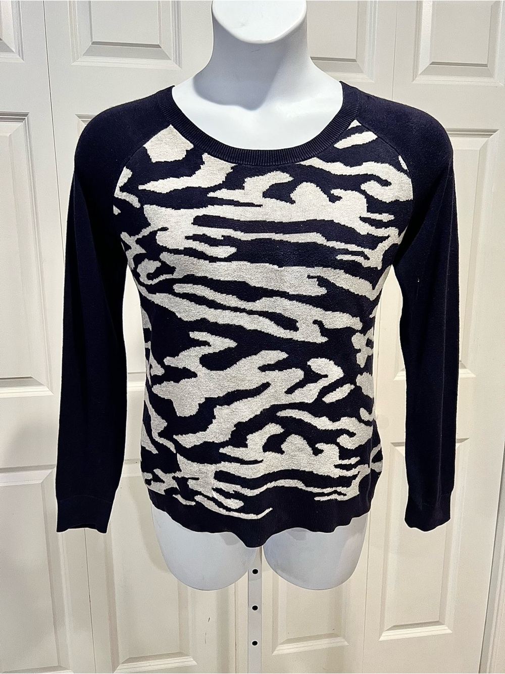 1 Talbots Black & Cream Zebra Print Sweater - Women's Long Sleeve Pullover